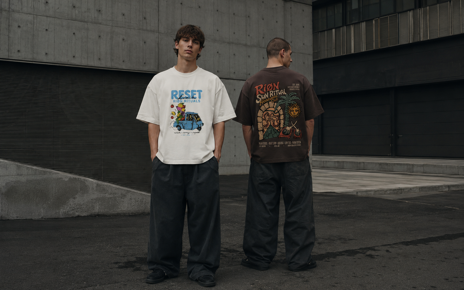 RIØN Ritual campaign — two models wearing graphic tees